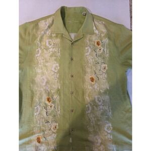 Tommy Bahama Men Button Up Silk Green Embroidered Floral S/S Shirt Sz XL
